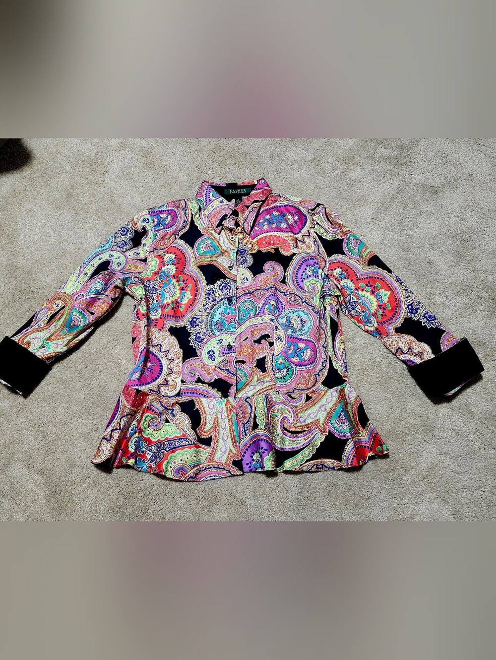 Ralph Lauren Multicolor Paisley 100% Cotton Button-Front Women's Top Cuff Sleeve